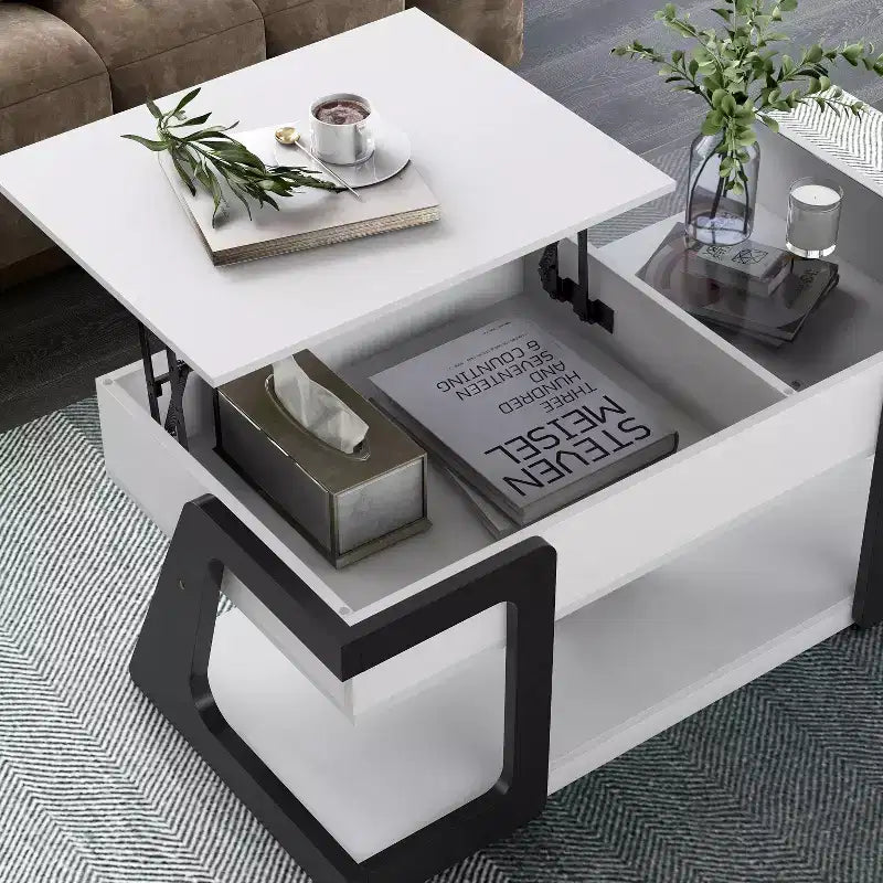 Table basse relevable moderne Castleridge 124 cm Blanc/Noir - miBasics : Hauteur réglable, Verre trempé, Étagère de rangement