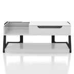 Table basse relevable moderne Castleridge 124 cm Blanc/Noir - miBasics : Hauteur réglable, Verre trempé, Étagère de rangement
