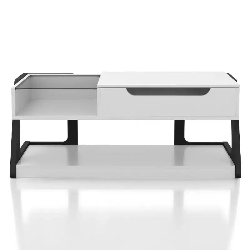 Table basse relevable moderne Castleridge 124 cm Blanc/Noir - miBasics : Hauteur réglable, Verre trempé, Étagère de rangement