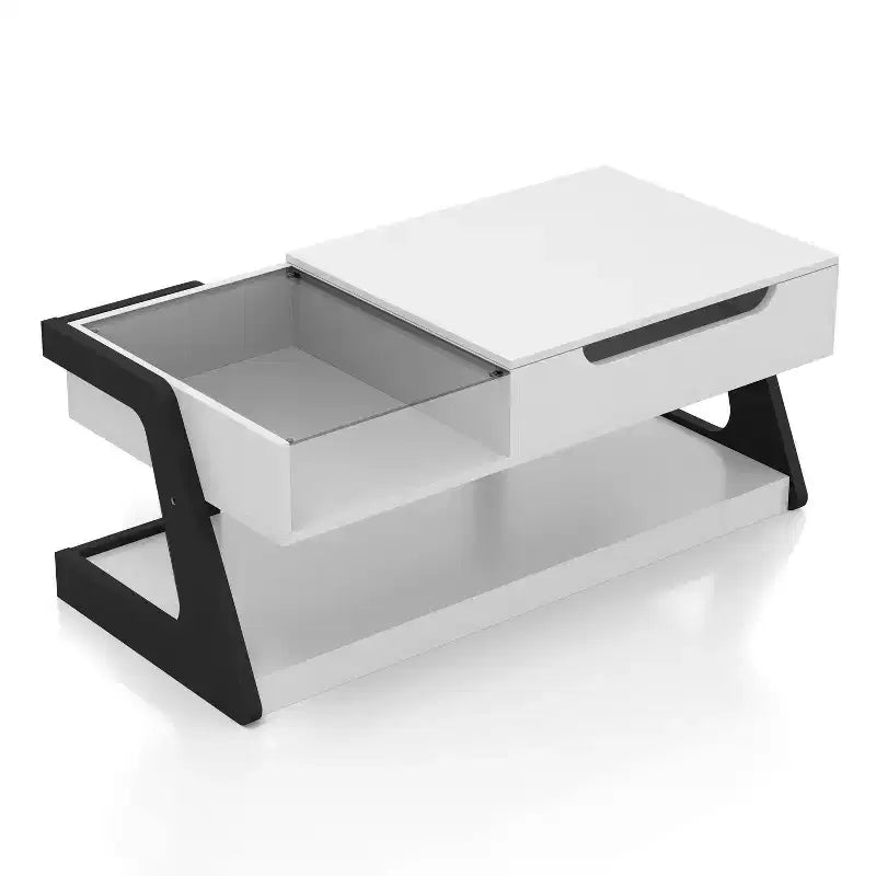 Table basse relevable moderne Castleridge 124 cm Blanc/Noir - miBasics : Hauteur réglable, Verre trempé, Étagère de rangement