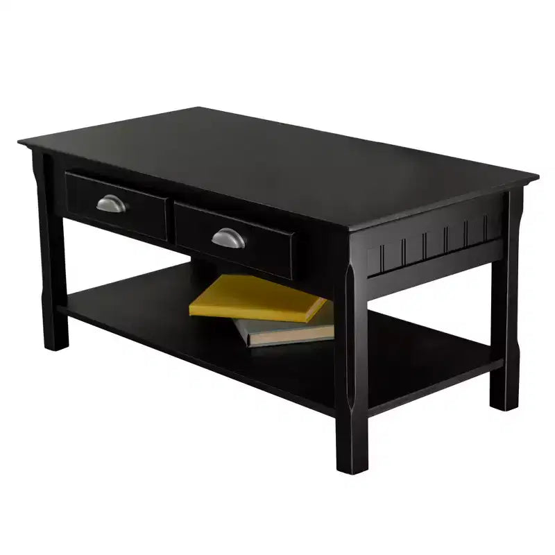 Table basse Timer, tiroirs et étagère - Noire - Winsome : Bois massif, poignées chromées
