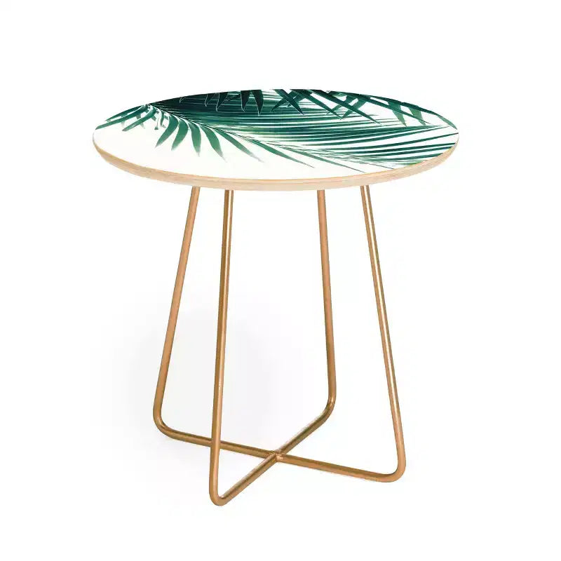Round Anita's & Bella's Artwork Palm Leaves Side Table with Gold Steel Legs - Deny Designs