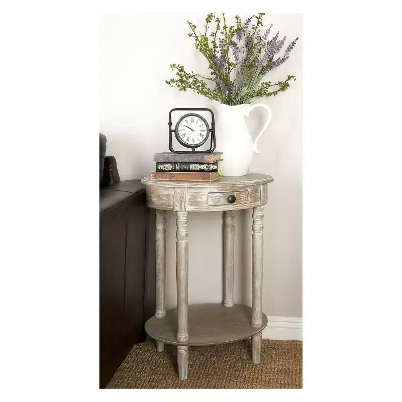Olivia & May Wood Oval Accent Table Taupe : Style Campagne, un seul tiroir, utilisation en intérieur, étagère de rangement