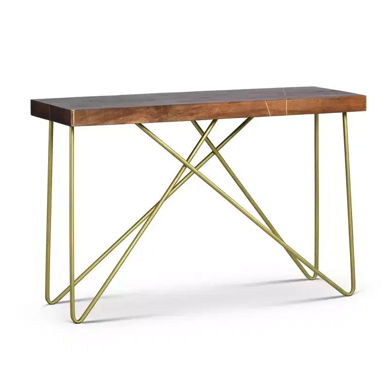 Table console Steve Silver Walter avec plateau en bois de manguier et incrustation en laiton et piètement : pieds métalliques entrecroisés, placage de bois, design glamour moderne