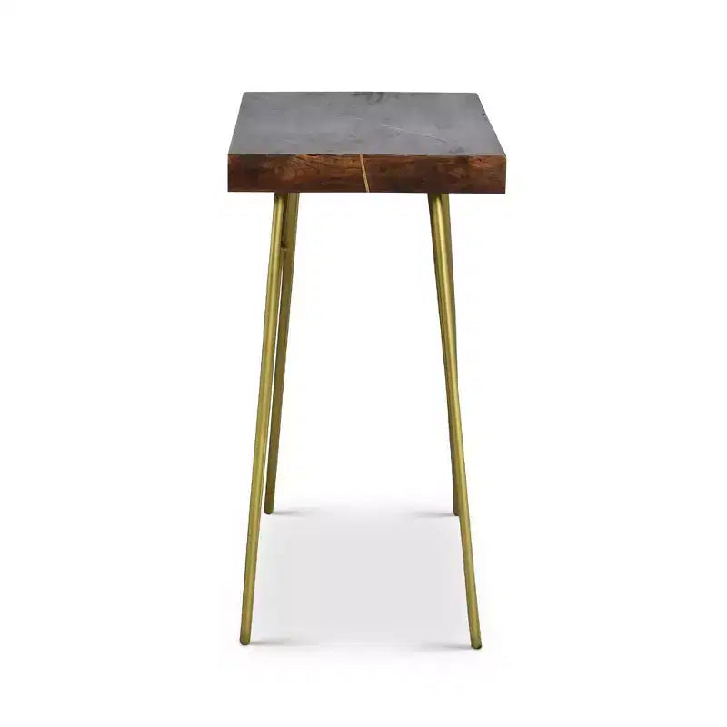 Table console Steve Silver Walter avec plateau en bois de manguier et incrustation en laiton et piètement : pieds métalliques entrecroisés, placage de bois, design glamour moderne