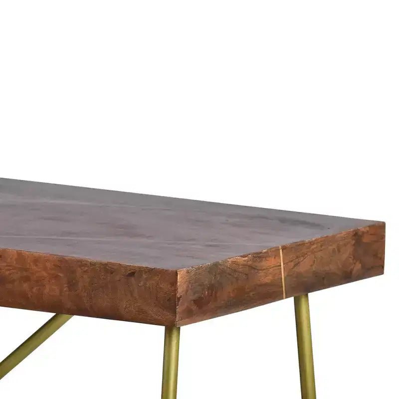Table console Steve Silver Walter avec plateau en bois de manguier et incrustation en laiton et piètement : pieds métalliques entrecroisés, placage de bois, design glamour moderne