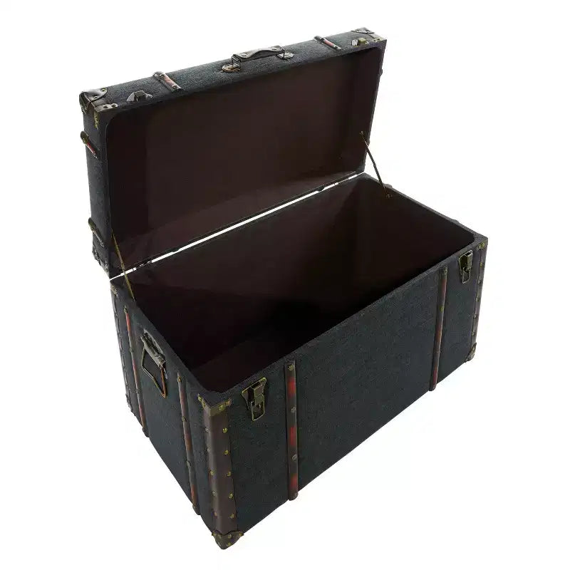 Lot de 3 Malles Traditionnelles en Bois Bleu - Olivia & May : Rembourrage, Lin, Cuir, Finitions Laiton, Aucun Montage Requis