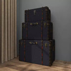 Lot de 3 Malles Traditionnelles en Bois Bleu - Olivia & May : Rembourrage, Lin, Cuir, Finitions Laiton, Aucun Montage Requis