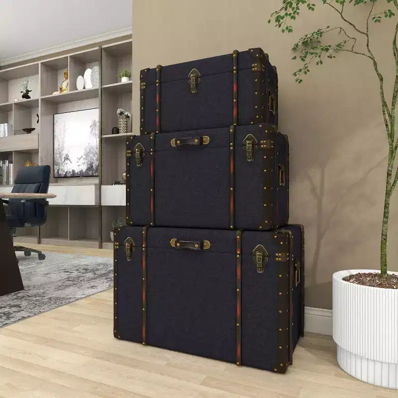 Lot de 3 Malles Traditionnelles en Bois Bleu - Olivia & May : Rembourrage, Lin, Cuir, Finitions Laiton, Aucun Montage Requis