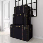 Lot de 3 Malles Traditionnelles en Bois Bleu - Olivia & May : Rembourrage, Lin, Cuir, Finitions Laiton, Aucun Montage Requis