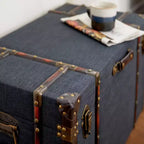 Lot de 3 Malles Traditionnelles en Bois Bleu - Olivia & May : Rembourrage, Lin, Cuir, Finitions Laiton, Aucun Montage Requis