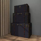 Lot de 3 Malles Traditionnelles en Bois Bleu - Olivia & May : Rembourrage, Lin, Cuir, Finitions Laiton, Aucun Montage Requis
