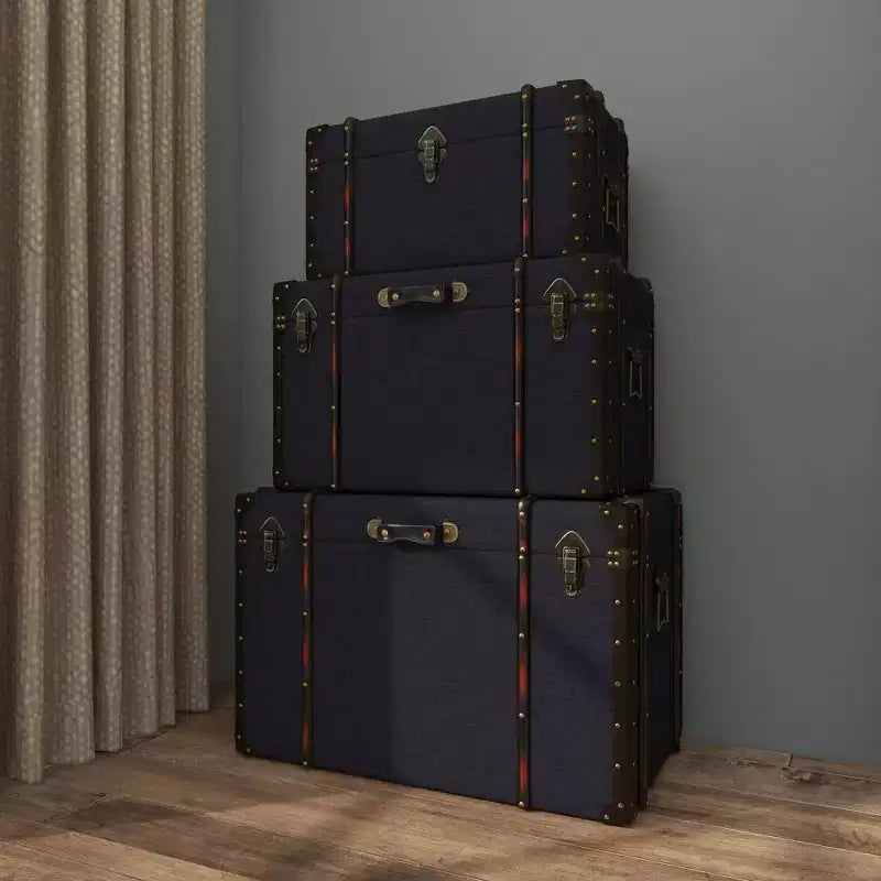 Lot de 3 Malles Traditionnelles en Bois Bleu - Olivia & May : Rembourrage, Lin, Cuir, Finitions Laiton, Aucun Montage Requis