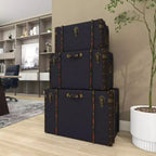 Lot de 3 Malles Traditionnelles en Bois Bleu - Olivia & May : Rembourrage, Lin, Cuir, Finitions Laiton, Aucun Montage Requis