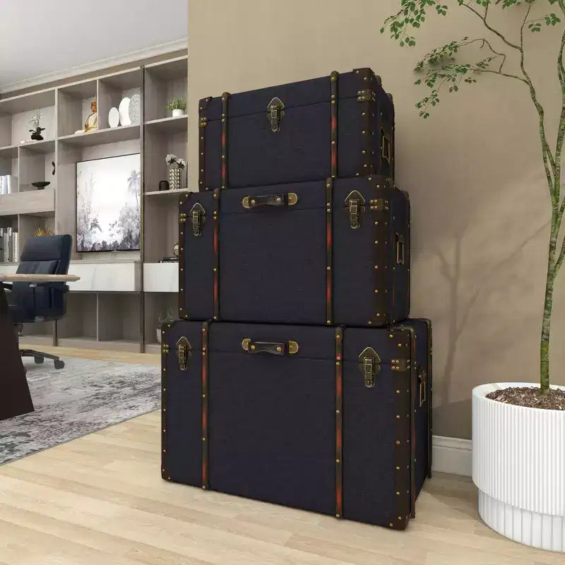 Lot de 3 Malles Traditionnelles en Bois Bleu - Olivia & May : Rembourrage, Lin, Cuir, Finitions Laiton, Aucun Montage Requis