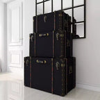 Lot de 3 Malles Traditionnelles en Bois Bleu - Olivia & May : Rembourrage, Lin, Cuir, Finitions Laiton, Aucun Montage Requis