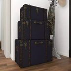 Lot de 3 Malles Traditionnelles en Bois Bleu - Olivia & May : Rembourrage, Lin, Cuir, Finitions Laiton, Aucun Montage Requis