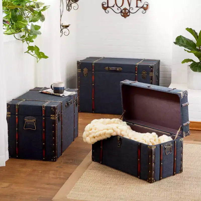 Lot de 3 Malles Traditionnelles en Bois Bleu - Olivia & May : Rembourrage, Lin, Cuir, Finitions Laiton, Aucun Montage Requis
