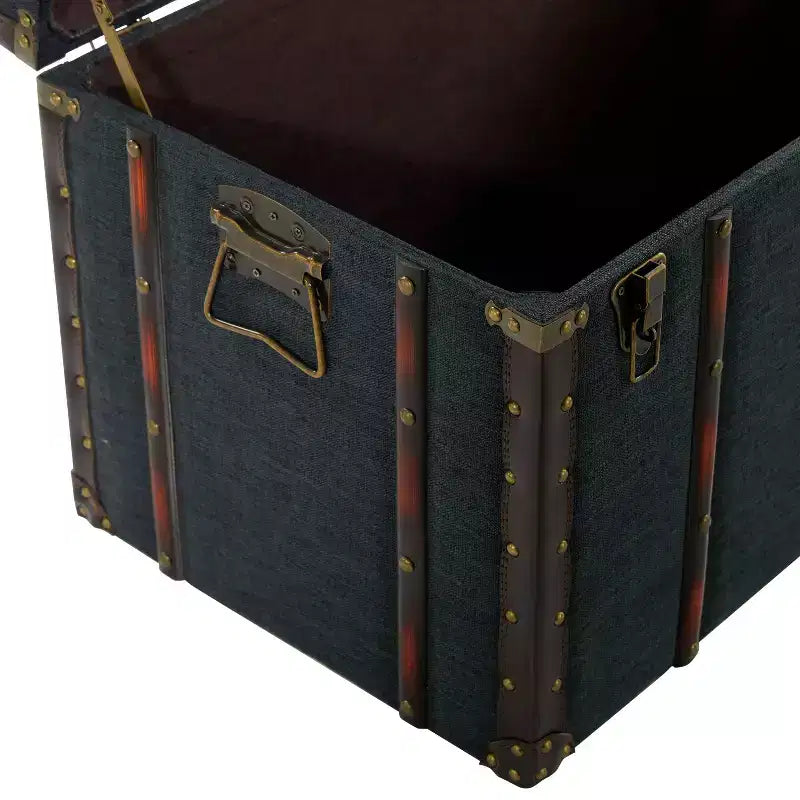 Lot de 3 Malles Traditionnelles en Bois Bleu - Olivia & May : Rembourrage, Lin, Cuir, Finitions Laiton, Aucun Montage Requis