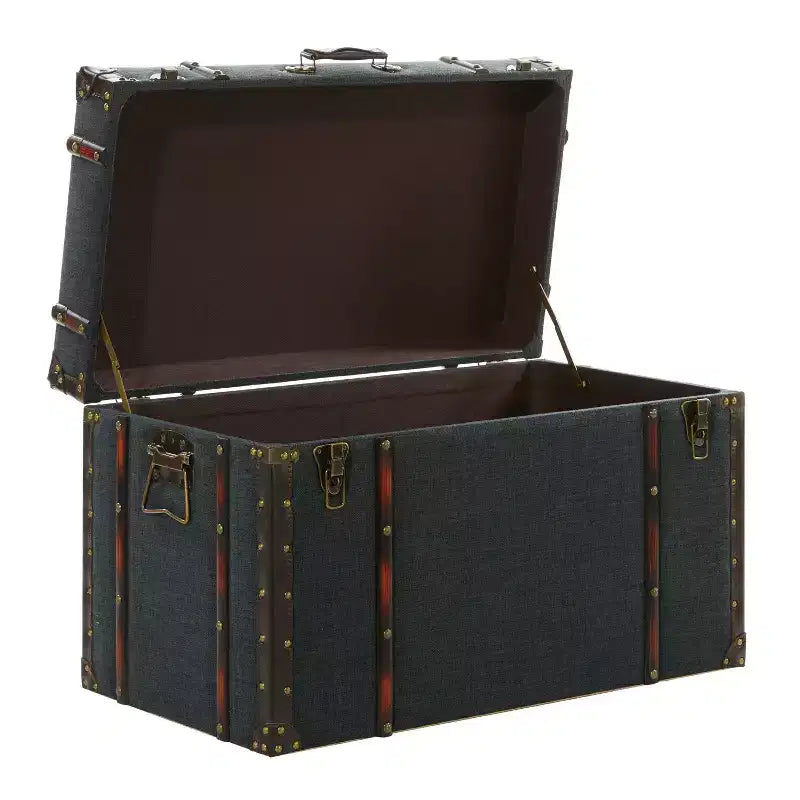Lot de 3 Malles Traditionnelles en Bois Bleu - Olivia & May : Rembourrage, Lin, Cuir, Finitions Laiton, Aucun Montage Requis