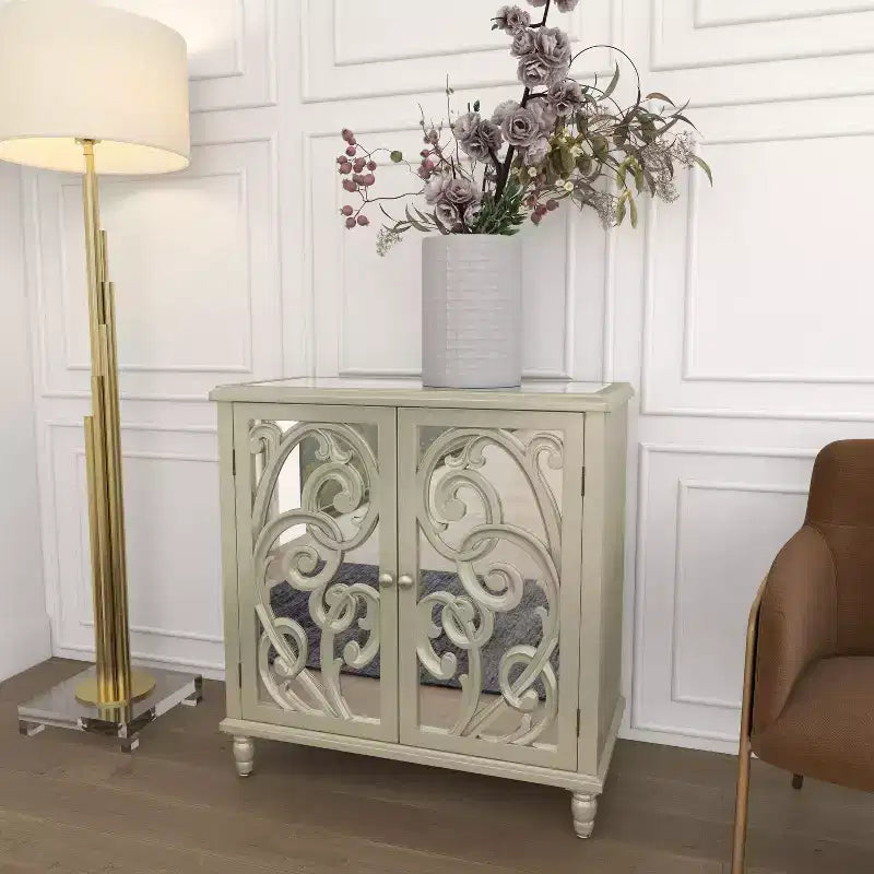 Meuble à miroir glamour et bois à motifs beige - Olivia & May