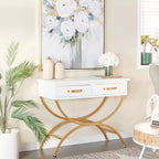 Console contemporaine en pin, blanche - Olivia & May : Cadre doré, 2 tiroirs, construction robuste, aucun assemblage requis