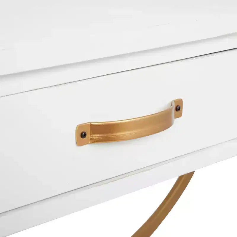 Console contemporaine en pin, blanche - Olivia & May : Cadre doré, 2 tiroirs, construction robuste, aucun assemblage requis