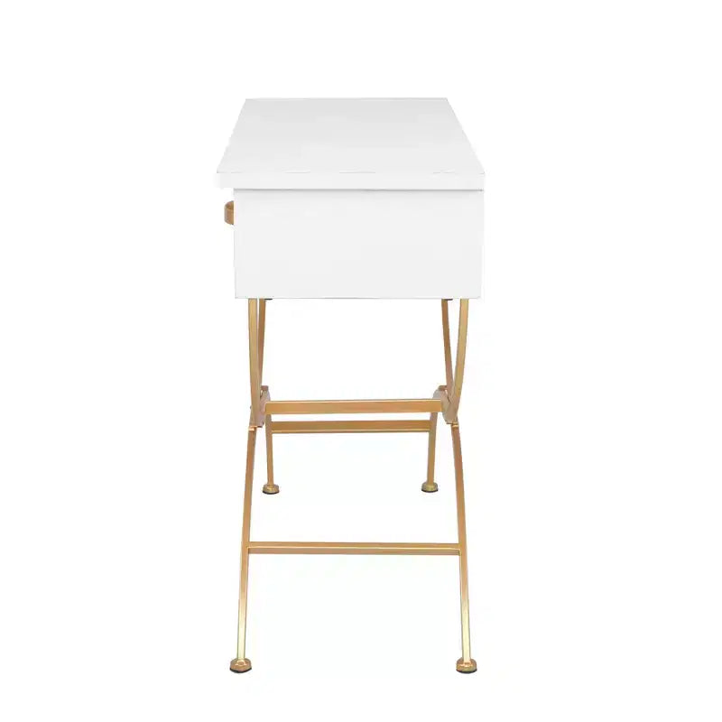 Console contemporaine en pin, blanche - Olivia & May : Cadre doré, 2 tiroirs, construction robuste, aucun assemblage requis