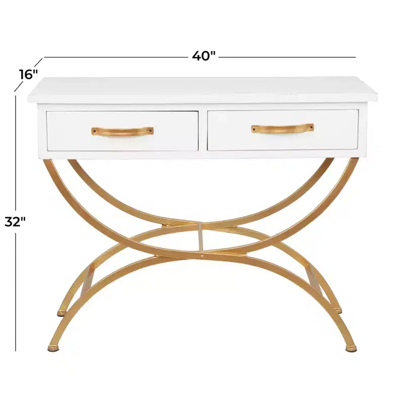 Console contemporaine en pin, blanche - Olivia & May : Cadre doré, 2 tiroirs, construction robuste, aucun assemblage requis