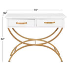 Console contemporaine en pin, blanche - Olivia & May : Cadre doré, 2 tiroirs, construction robuste, aucun assemblage requis