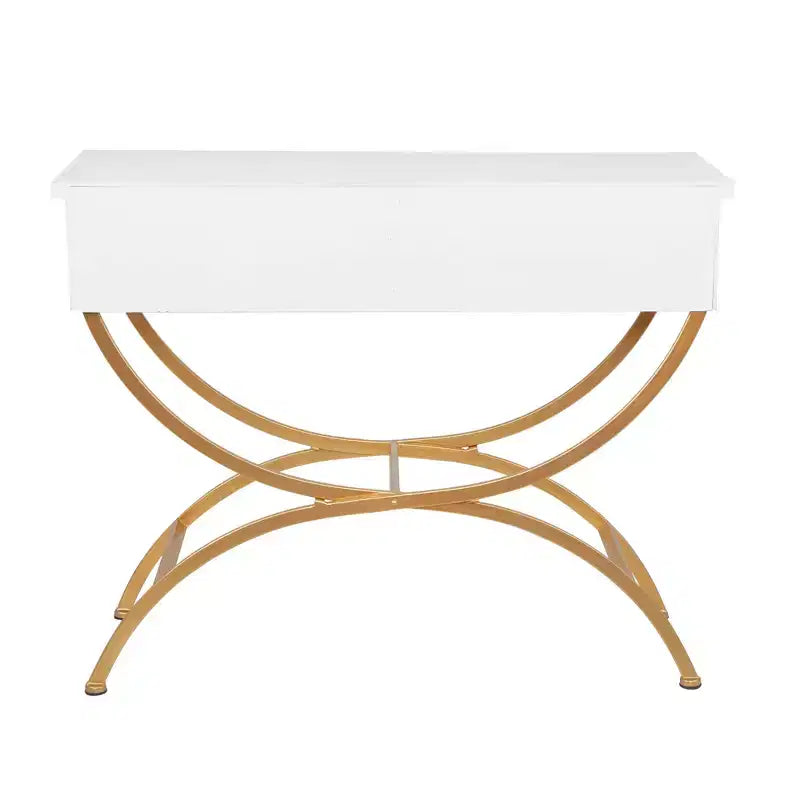 Console contemporaine en pin, blanche - Olivia & May : Cadre doré, 2 tiroirs, construction robuste, aucun assemblage requis