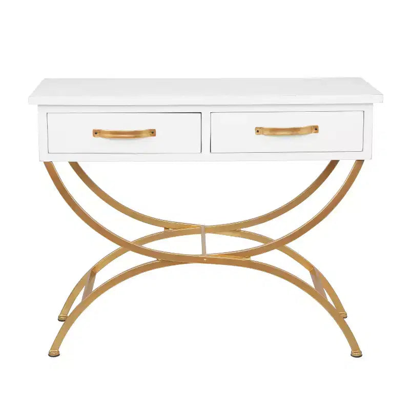 Console contemporaine en pin, blanche - Olivia & May : Cadre doré, 2 tiroirs, construction robuste, aucun assemblage requis