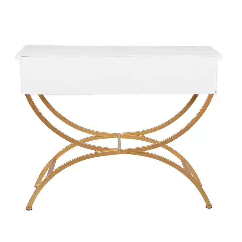 Console contemporaine en pin, blanche - Olivia & May : Cadre doré, 2 tiroirs, construction robuste, aucun assemblage requis