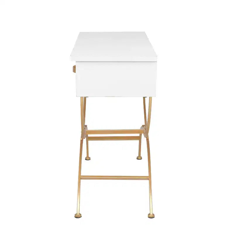 Console contemporaine en pin, blanche - Olivia & May : Cadre doré, 2 tiroirs, construction robuste, aucun assemblage requis