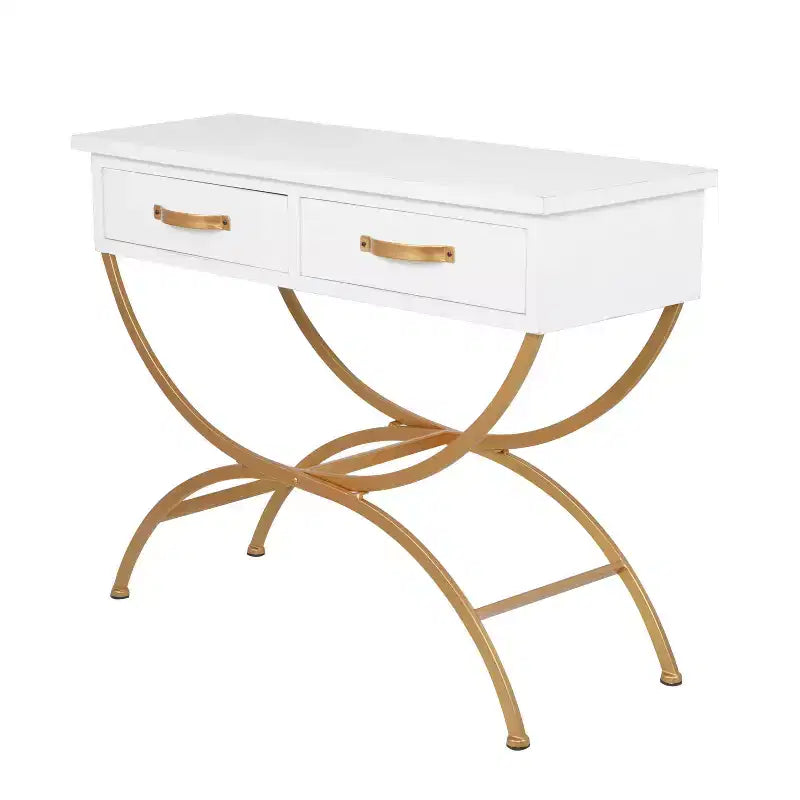 Console contemporaine en pin, blanche - Olivia & May : Cadre doré, 2 tiroirs, construction robuste, aucun assemblage requis