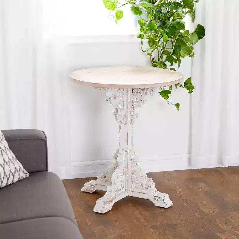 Petite Table d'appoint Ronde en Bois Ancien Blanche - Olivia & May : Table d'appoint de style ferme ornée