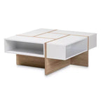 Rasa Wood Coffee Table White/Oak - Baxton Studio: Modern Living Room Furniture, Geometric Design, Open Storage Shelves