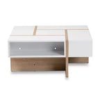 Table basse Rasa Wood blanc/chêne - Baxton Studio : Meuble de salon moderne, design géométrique, étagères de rangement ouvertes