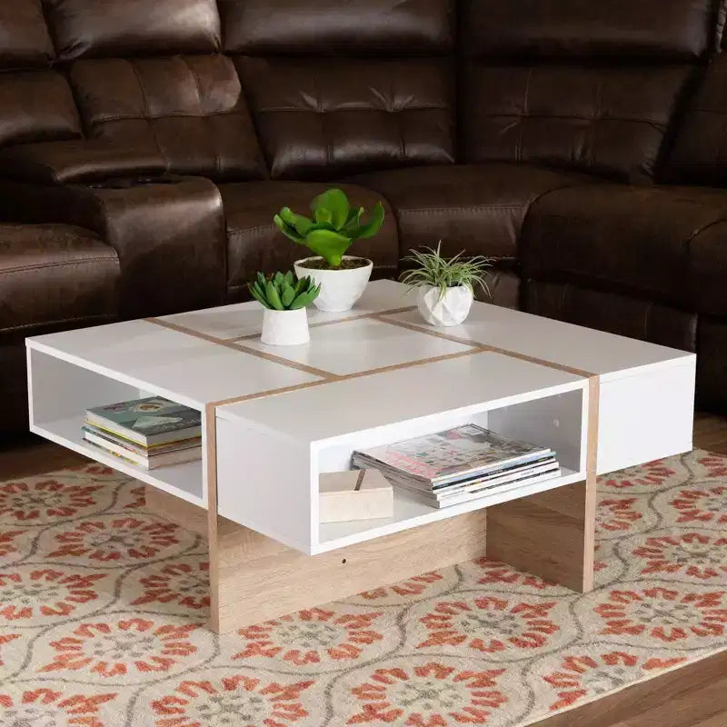 Table basse Rasa Wood blanc/chêne - Baxton Studio : Meuble de salon moderne, design géométrique, étagères de rangement ouvertes
