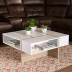 Table basse Rasa Wood blanc/chêne - Baxton Studio : Meuble de salon moderne, design géométrique, étagères de rangement ouvertes