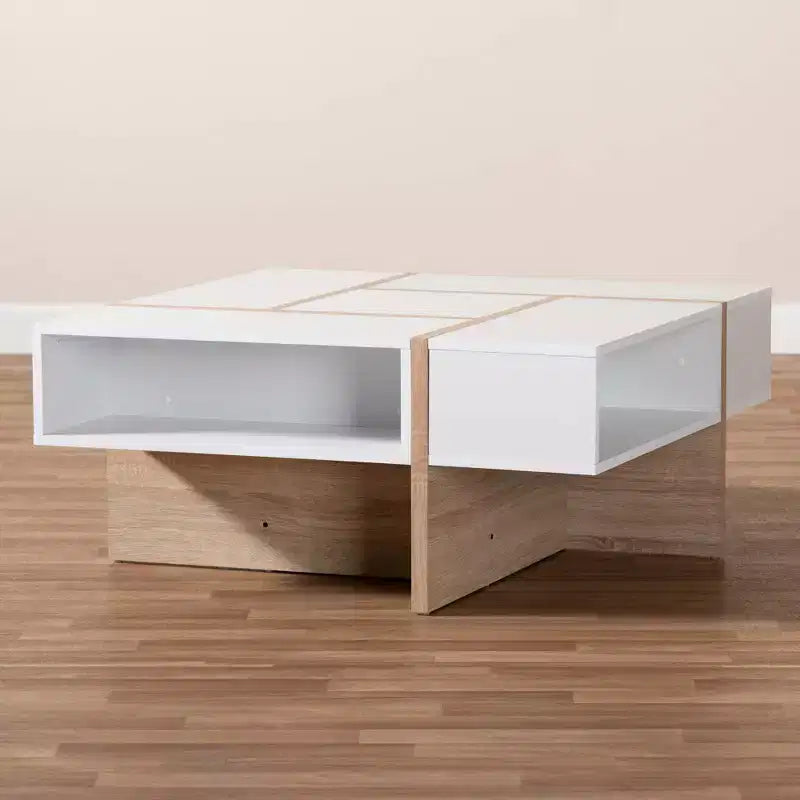 Table basse Rasa Wood blanc/chêne - Baxton Studio : Meuble de salon moderne, design géométrique, étagères de rangement ouvertes