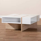 Table basse Rasa Wood blanc/chêne - Baxton Studio : Meuble de salon moderne, design géométrique, étagères de rangement ouvertes