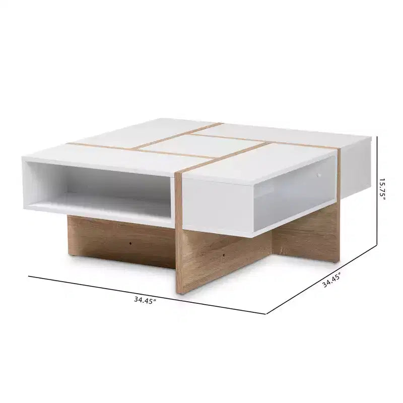 Table basse Rasa Wood blanc/chêne - Baxton Studio : Meuble de salon moderne, design géométrique, étagères de rangement ouvertes