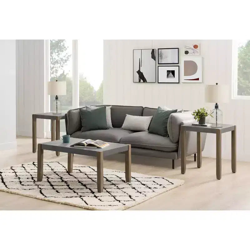 Table basse Davenport en similicuir et bois 36 po avec 2 tables de bout carrées Ambre clair - Meubles Alaterre : Ensemble 3 pièces industriel rustique