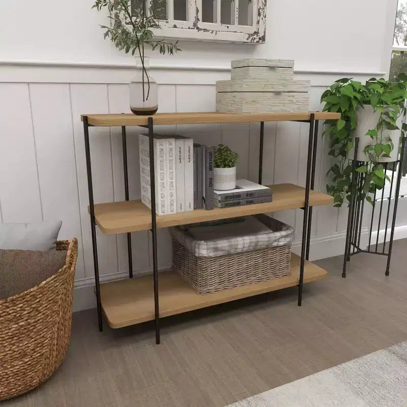 Console en métal contemporaine - Olivia & May : Étagère fixe, Plateau en bois, Aucun assemblage requis