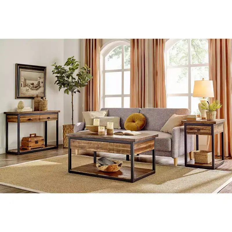 Table basse rustique en bois Claremont avec étagère inférieure Marron foncé - Meubles Alaterre : Plateau en acacia, quincaillerie en acier, étagère de rangement