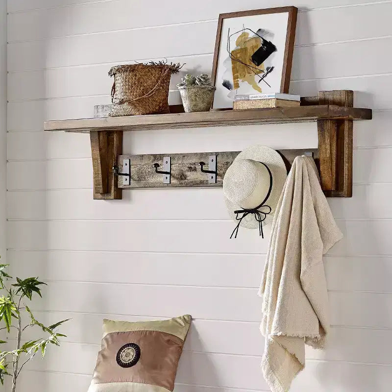 Durango Ensemble banc et étagère murale patère bois industriel marron foncé - Alaterre : Meuble d'entrée rustique, Rangement pour vestibule