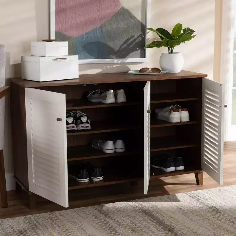 Meuble à chaussures en bois à 8 étagères Coolidge blanc/noyer – Baxton Studio