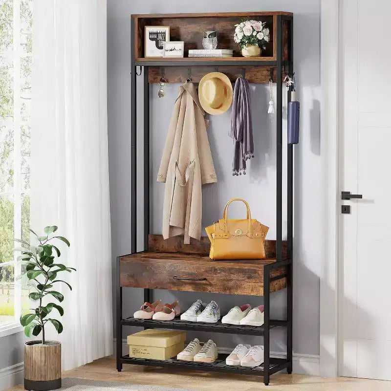 Porte-manteau industriel LITTLE TREE avec banc à chaussures pour entrée, marron rustique