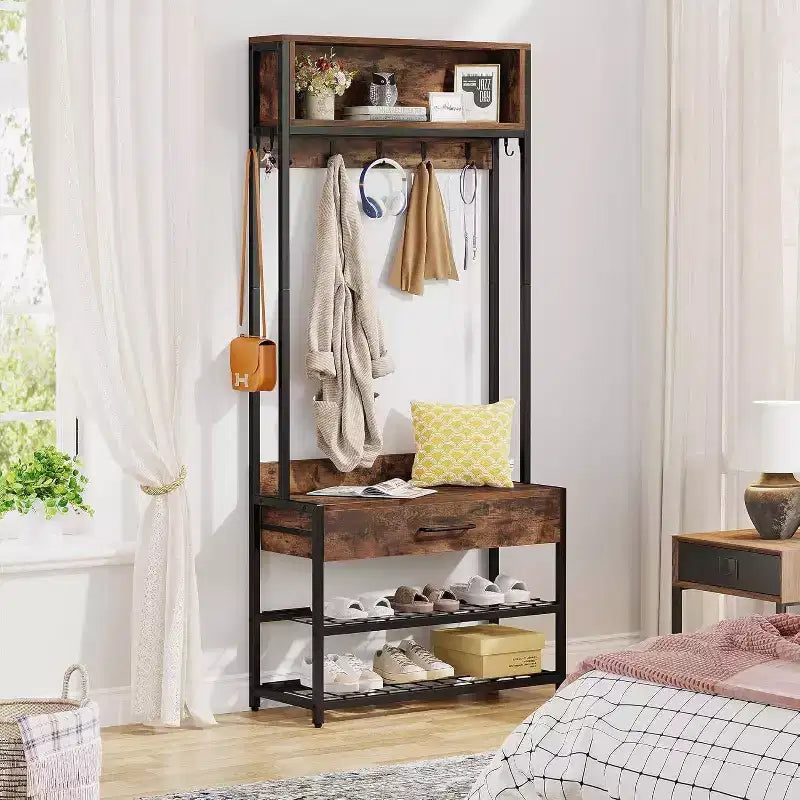 Porte-manteau industriel LITTLE TREE avec banc à chaussures pour entrée, marron rustique